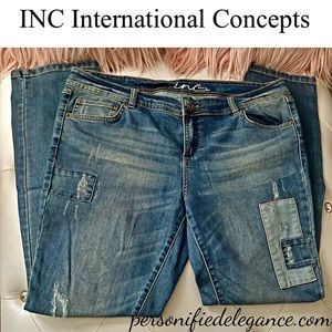 INC International Concepts Blue Medium Wash Patchwork Skinny Jeans Size 16